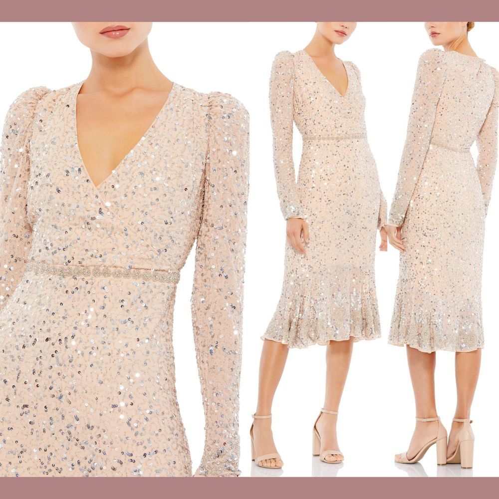 NEW$498 Mac Duggal [ 6 ] Sequin Embellished Hemline Belt Dress 10740 Nude #S1124